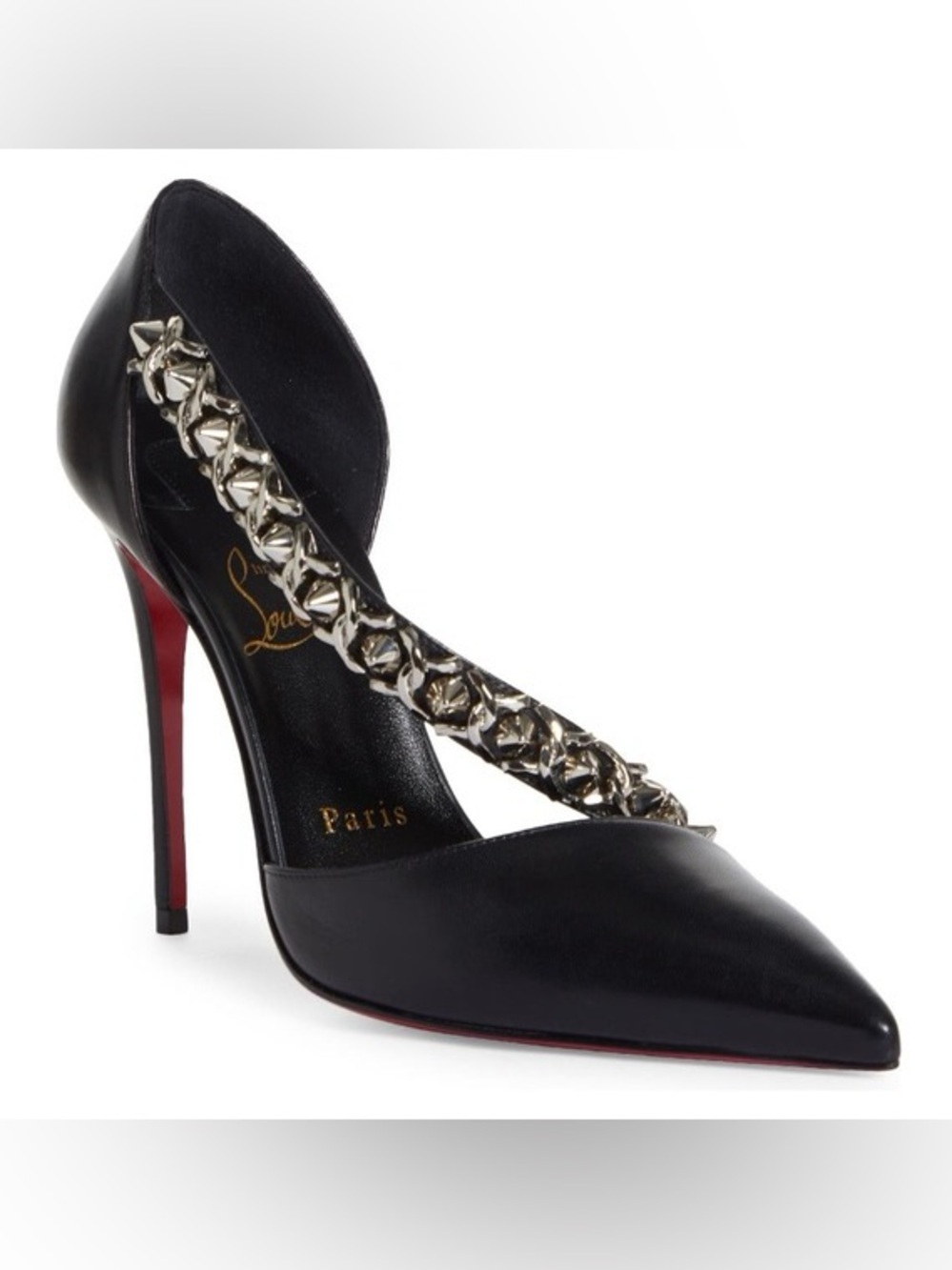 Christian Louboutin Deomina Chain 100 Black Leather Spike Studs Heel Pumps